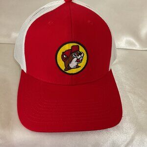 Buc-Ees Red & White Mesh Trucker Hat With Embroidered Beaver Logo Adjustable Sna